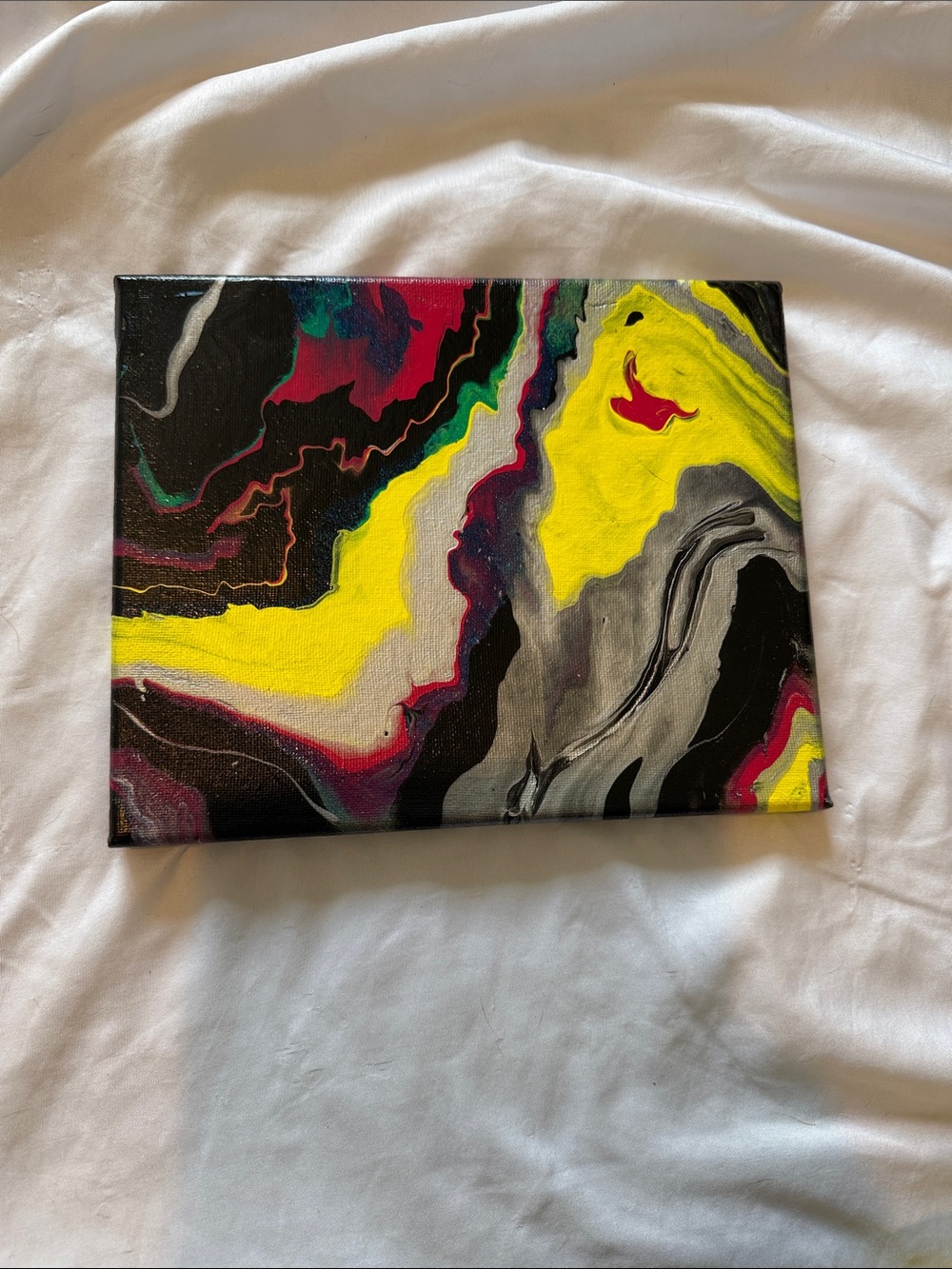 Abstract Fluid Art Canvas in Yellow, Black, Gray, Pink 8x10 inches